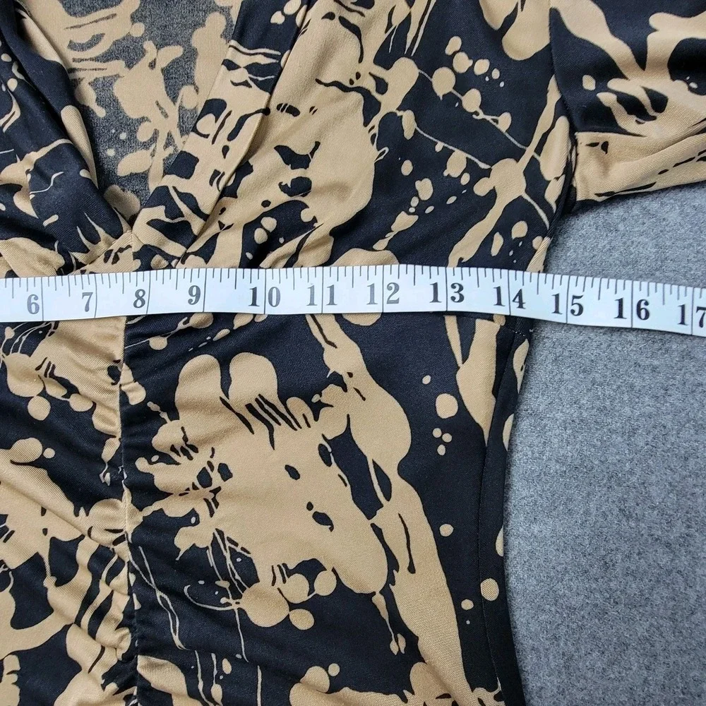 Trina Turk 100% Silk Dress Size 2 Black Tan Abstract Print Ruched Front Midi USA